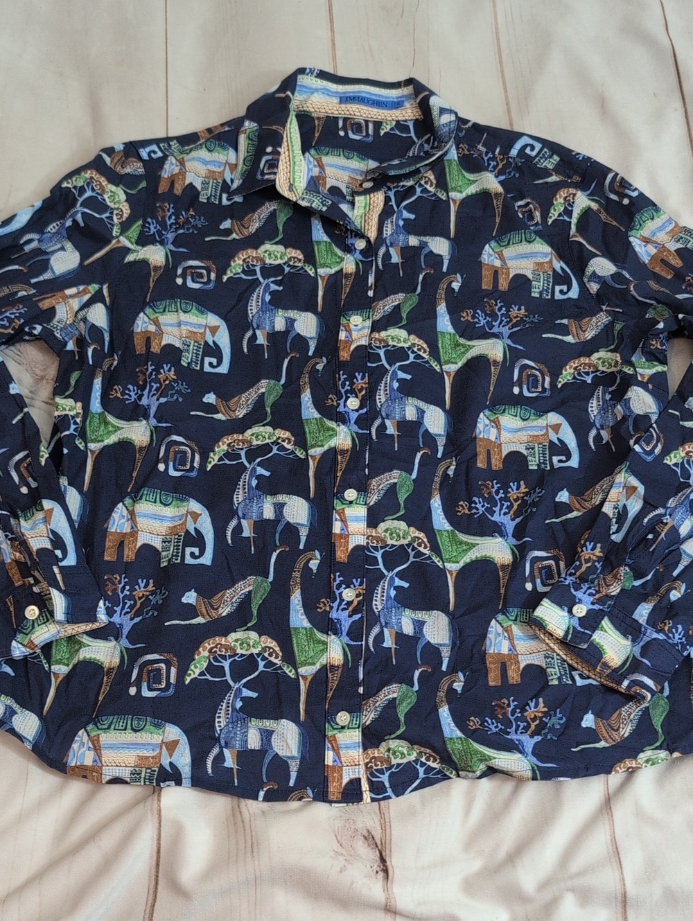 J McLaughlin Lois Shirt Womens XL Navy Elephant Palace Novelty Print Cotton